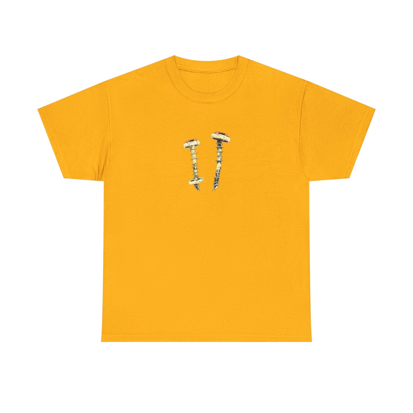 Screws Minimalist Graphic Tee — Tiny Gold Screw Chest Design