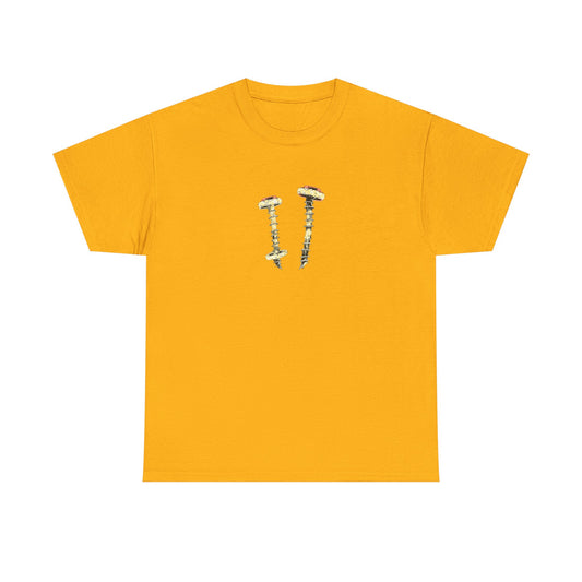 Screws Minimalist Graphic Tee — Tiny Gold Screw Chest Design