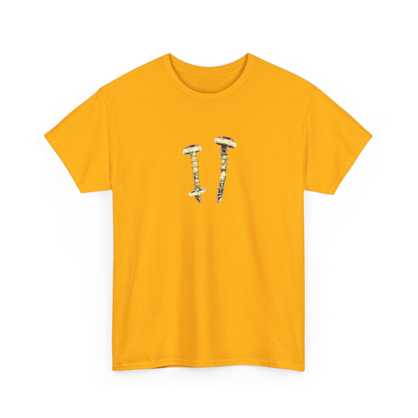 Screws Minimalist Graphic Tee — Tiny Gold Screw Chest Design